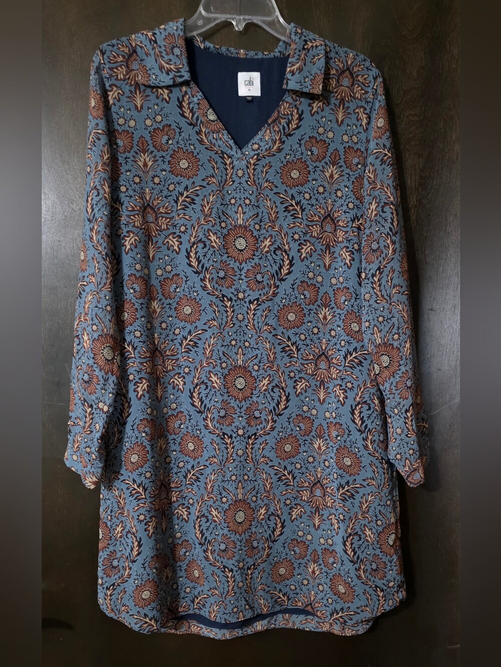 CAbi Provincial Tunic Midi Dress Women's Size M Blue Brown Paisley Floral Lined